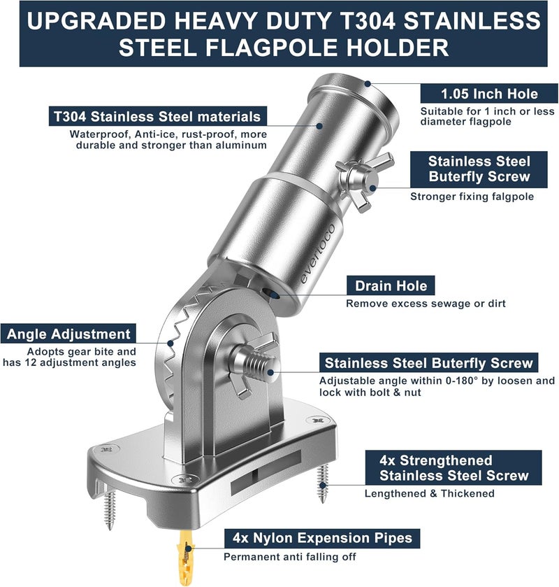 evertoco Heavy Duty T304 Stainless Steel Flag Pole Bracket - 180° Adjustable Flag Pole Holder for House with Two Installation Methods, Flag Holder for 1" Inner Diameter Pole, Wind Resistant &Rust Free - Image 4